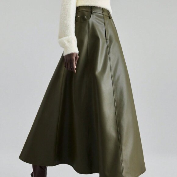 Army Green Elegant A-Line Women's Skirt - Picture 3 of 6